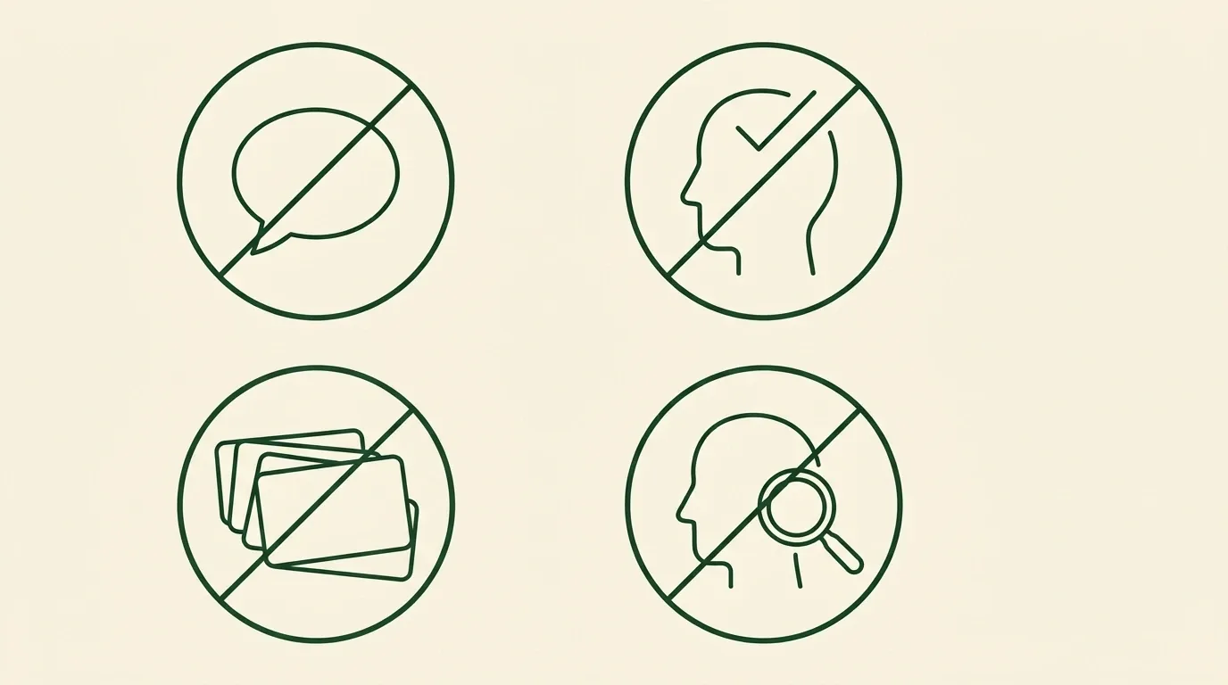 Four circular icons, each struck through with a diagonal line: a speech bubble, a head with a tick beside it, a stack of cards, and a head with a magnifying glass.