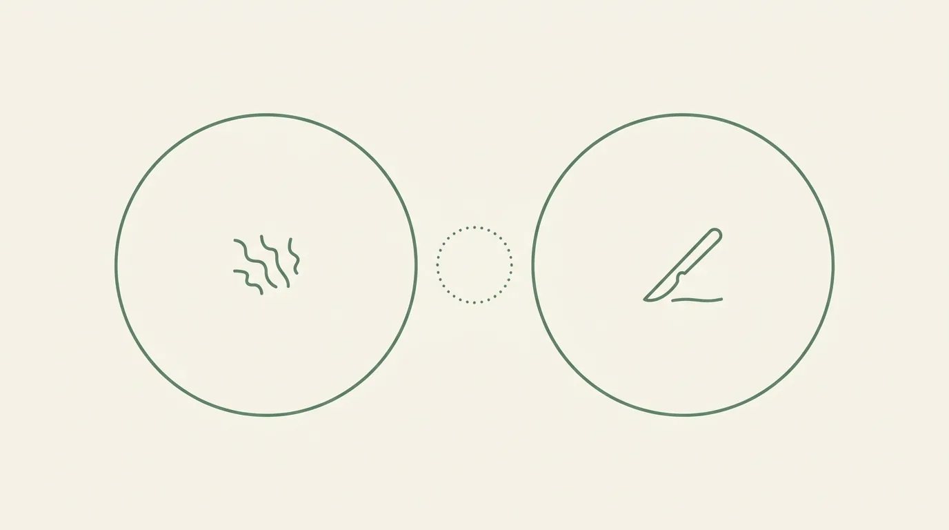 Two large circles that do not touch: the left contains wavy lines, the right contains a scalpel. Between them, far smaller, a circle drawn as a dotted outline.