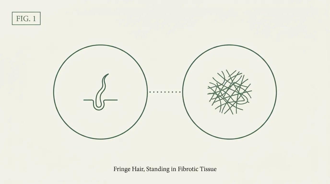 Two circles side by side joined by a dotted line: on the left a single hair drawn in cross-section through the skin, on the right a dense tangle of crossing fibres.