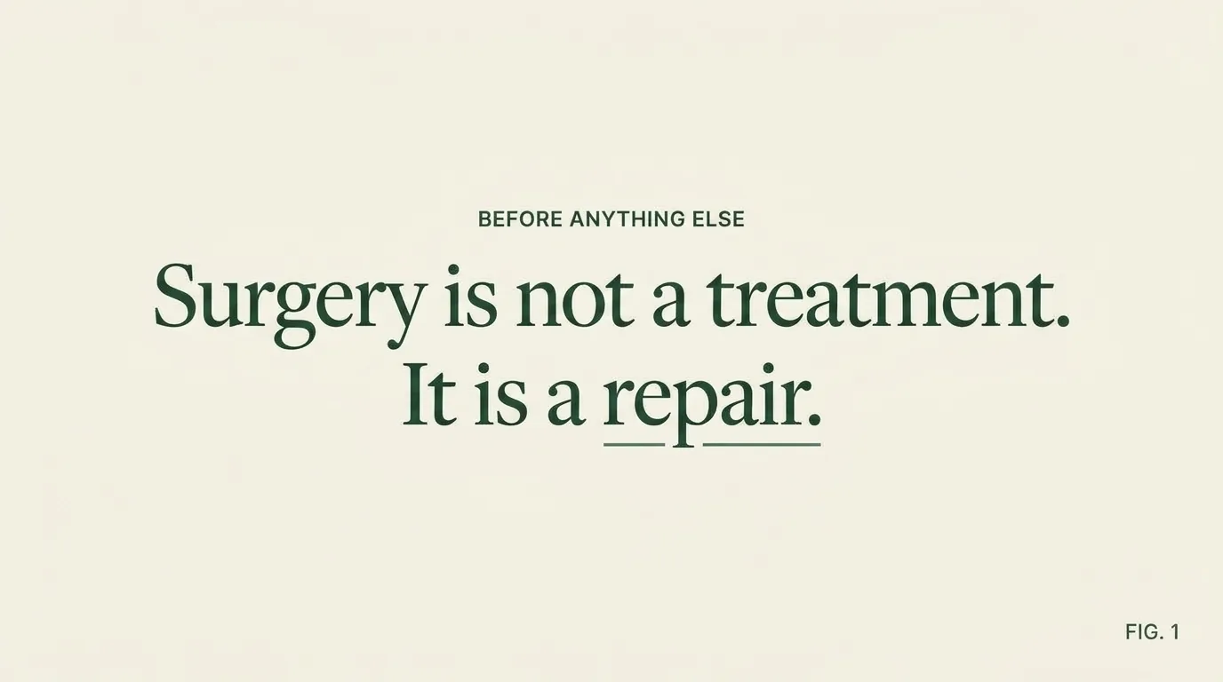 A typographic card. In small capitals above: Before anything else. In large type below: Surgery is not a treatment. It is a repair.