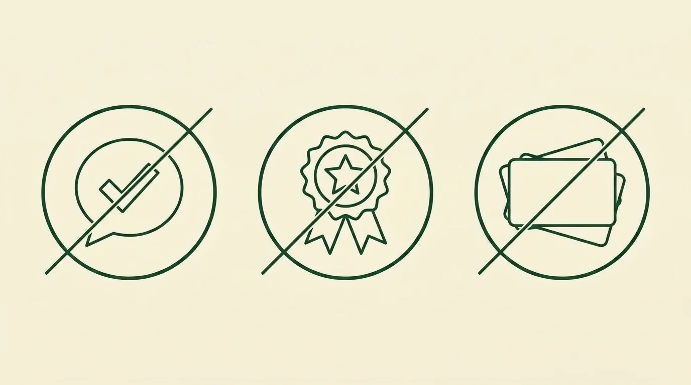 Three circular icons struck through with a diagonal line: a speech bubble containing a tick, an award rosette, and a stack of cards.