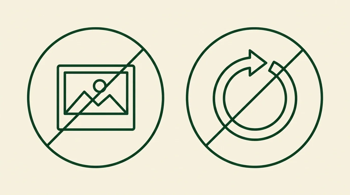 Two circular icons struck through with a diagonal line: a framed photograph and a circular arrow.