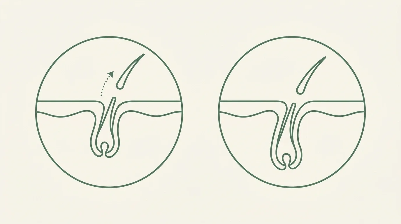 Two circles side by side, each showing a hair in a follicle drawn in cross-section through the skin. In the left circle a dotted arrow leads away from the hair; in the right the hair sits in place.