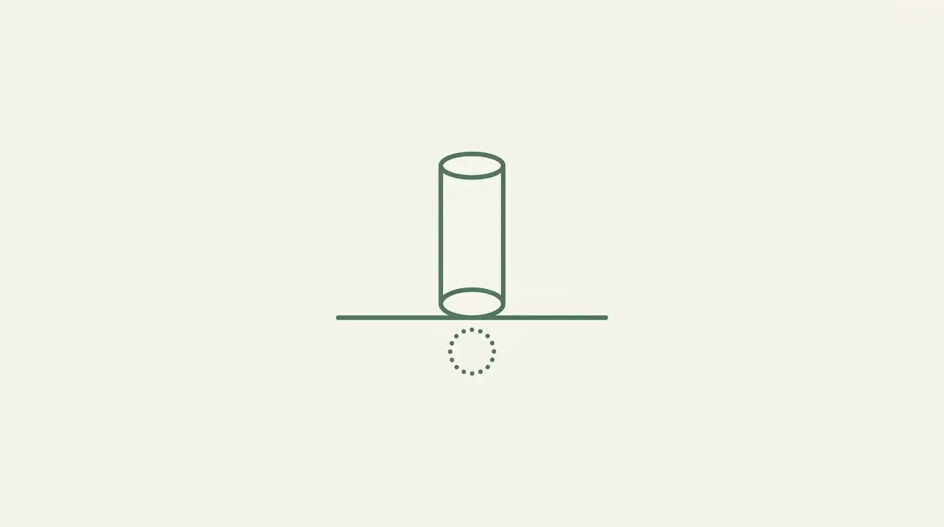 A short cylinder standing on a horizontal line, with a dotted circle drawn below the line directly beneath it.
